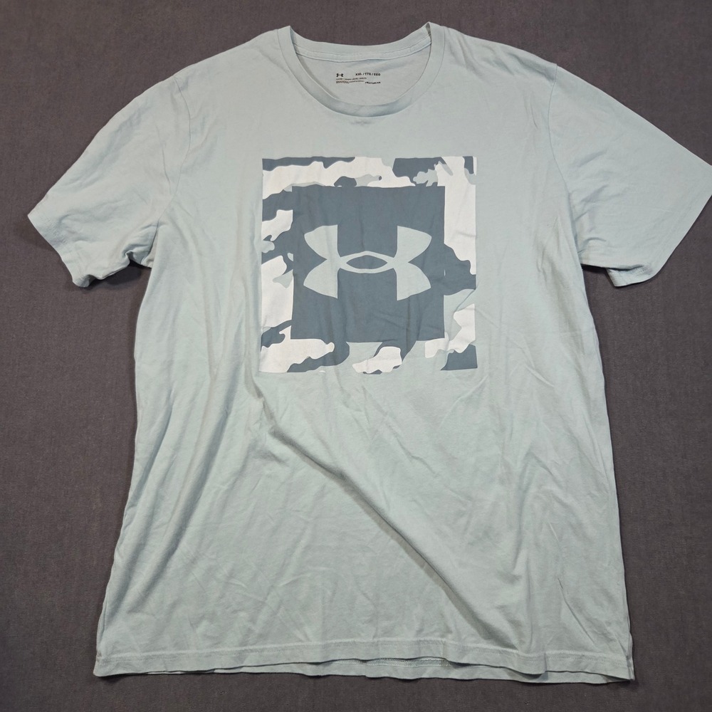Under Armour Graphic Tee Mens XXL Blue Camo Logo HeatGear Short Sleeve Shirt